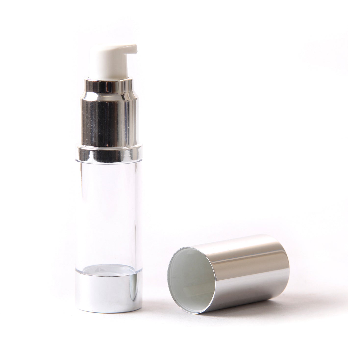 Clear & Silver Chrome 100ml With Cap - Airless Serum Bottles