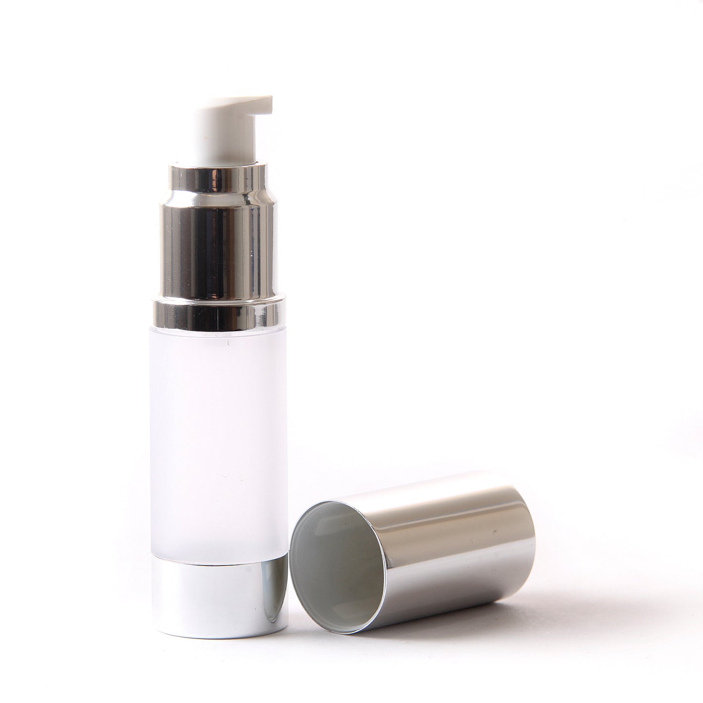 Frosted & Silver Chrome 15ml With Cap - Airless Serum Bottles
