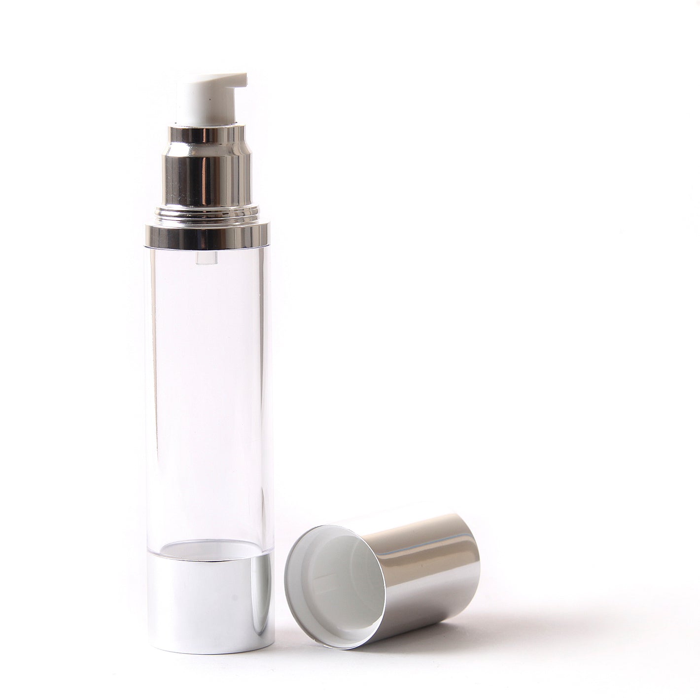 Clear & Silver Chrome 50ml With Cap - Airless Serum Bottles