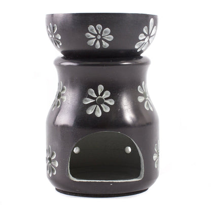 Black with Flowers Soapstone Oil Burner